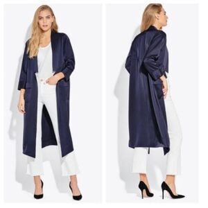 ayr - crystal cove jacket satin duster collared open front midi navy blue